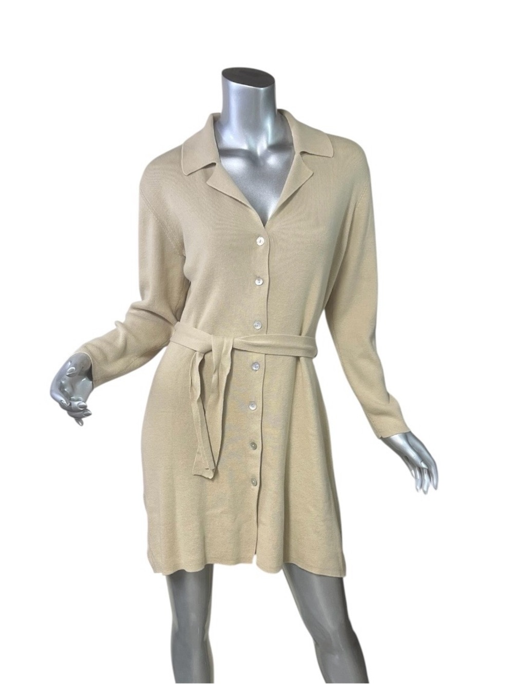 Pierre Cardin Long Cardigan Button Front Sweater Dress Beige Belted 100% Cotton